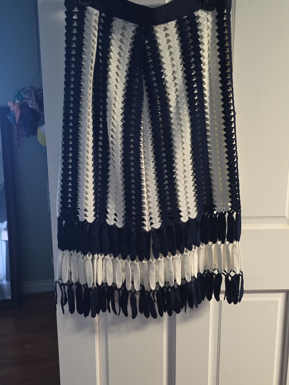 Navy Blue and White Crochet Midi Skirt